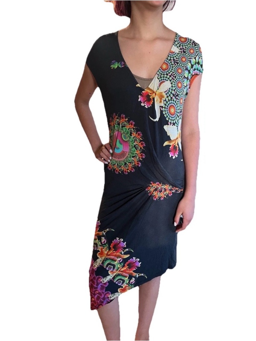 Desigual Black Asymmetrical Floral Print Dress
